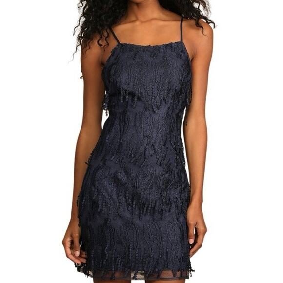 Lulu’s Making Magic Navy Blue Fringe Lace-Up Mini Dress Size Large - Picture 2 of 8